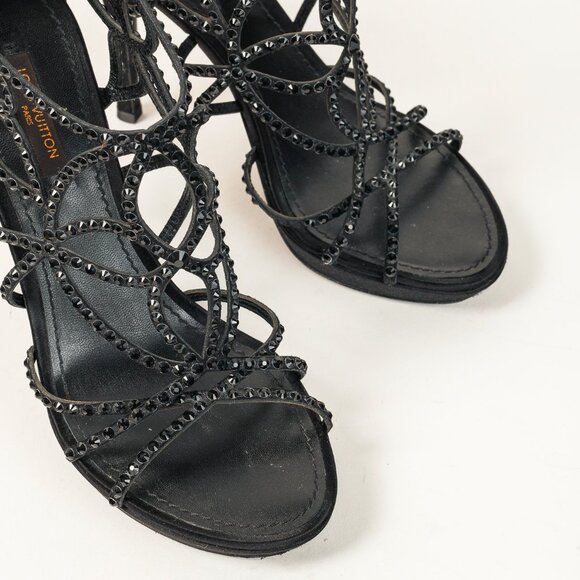 Louis Vuitton Tisha Crystal Studded Black Satin Cage Strap Heel Platform Sandal - Picture 6 of 10
